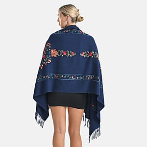 TAMSY Navy Pink Floral Soft Woven Embroidered Scarf with Tassels &ndash; One Size