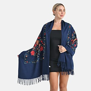 TAMSY Navy Pink Floral Soft Woven Embroidered Scarf with Tassels &ndash; One Size