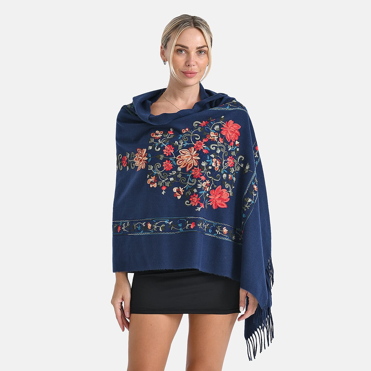 TAMSY Navy Pink Floral Soft Woven Embroidered Scarf with Tassels &ndash; One Size image number 3