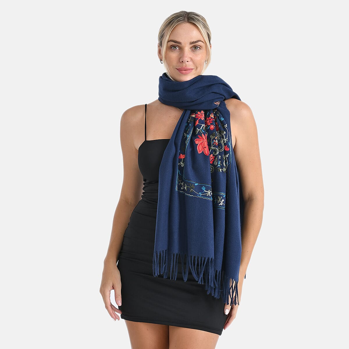 TAMSY Navy Pink Floral Soft Woven Embroidered Scarf with Tassels &ndash; One Size image number 4
