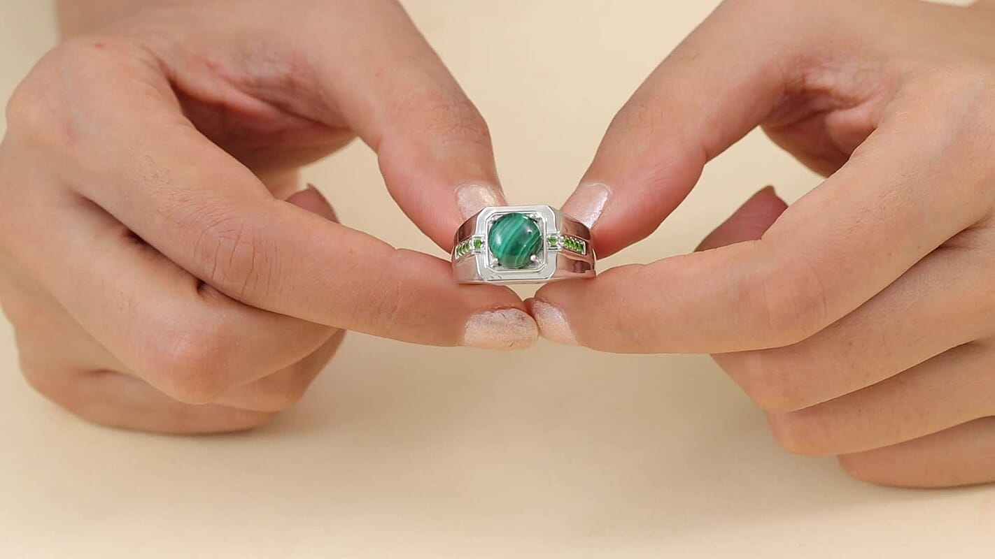 EverTrue African Malachite and Chrome Diopside 4.25 ctw Men's Ring in Platinum Bond (Size 10.0)