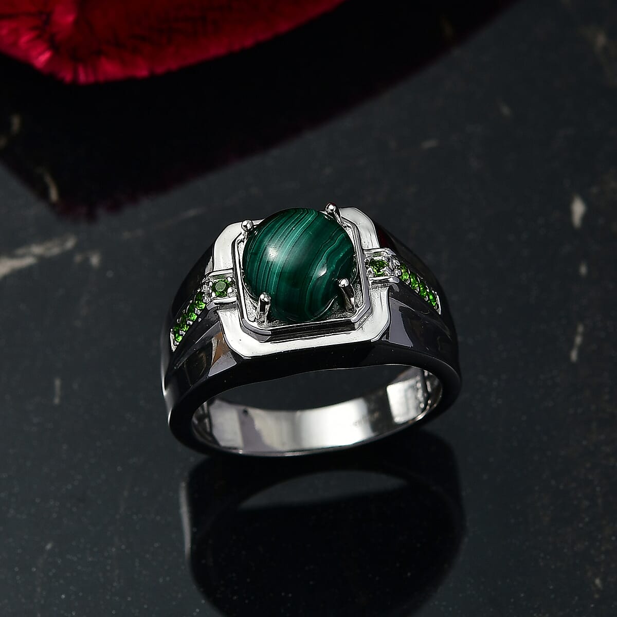 EverTrue African Malachite and Chrome Diopside 4.25 ctw Art Deco Men's Ring in Platinum Bond (Size 10.0)  image number 1