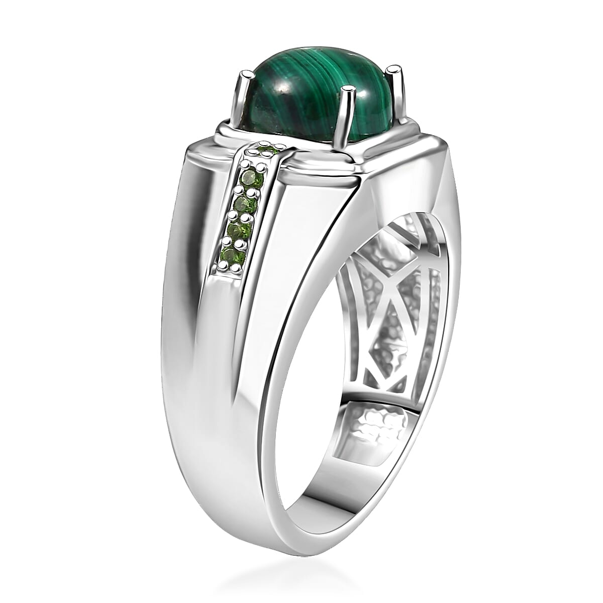 EverTrue African Malachite and Chrome Diopside 4.25 ctw Art Deco Men's Ring in Platinum Bond (Size 14.0) image number 3