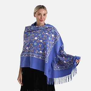 TAMSY Light Blue Vine Soft Woven Embroidered Scarf with Tassels – One Size