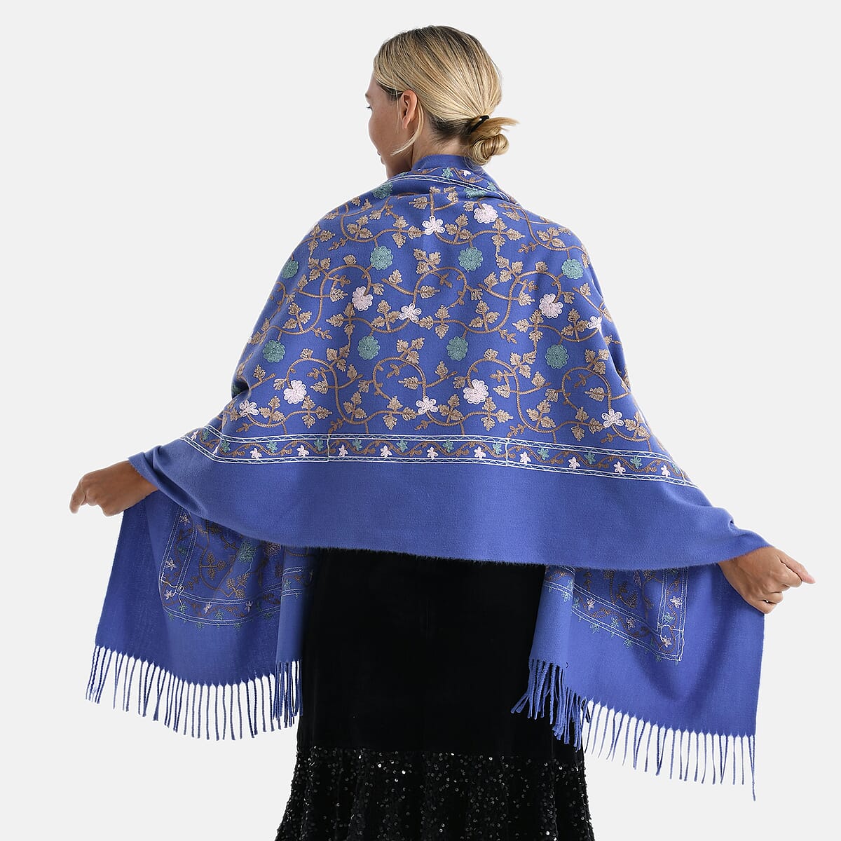 TAMSY Light Blue Vine Soft Woven Embroidered Scarf with Tassels &ndash; One Size image number 1