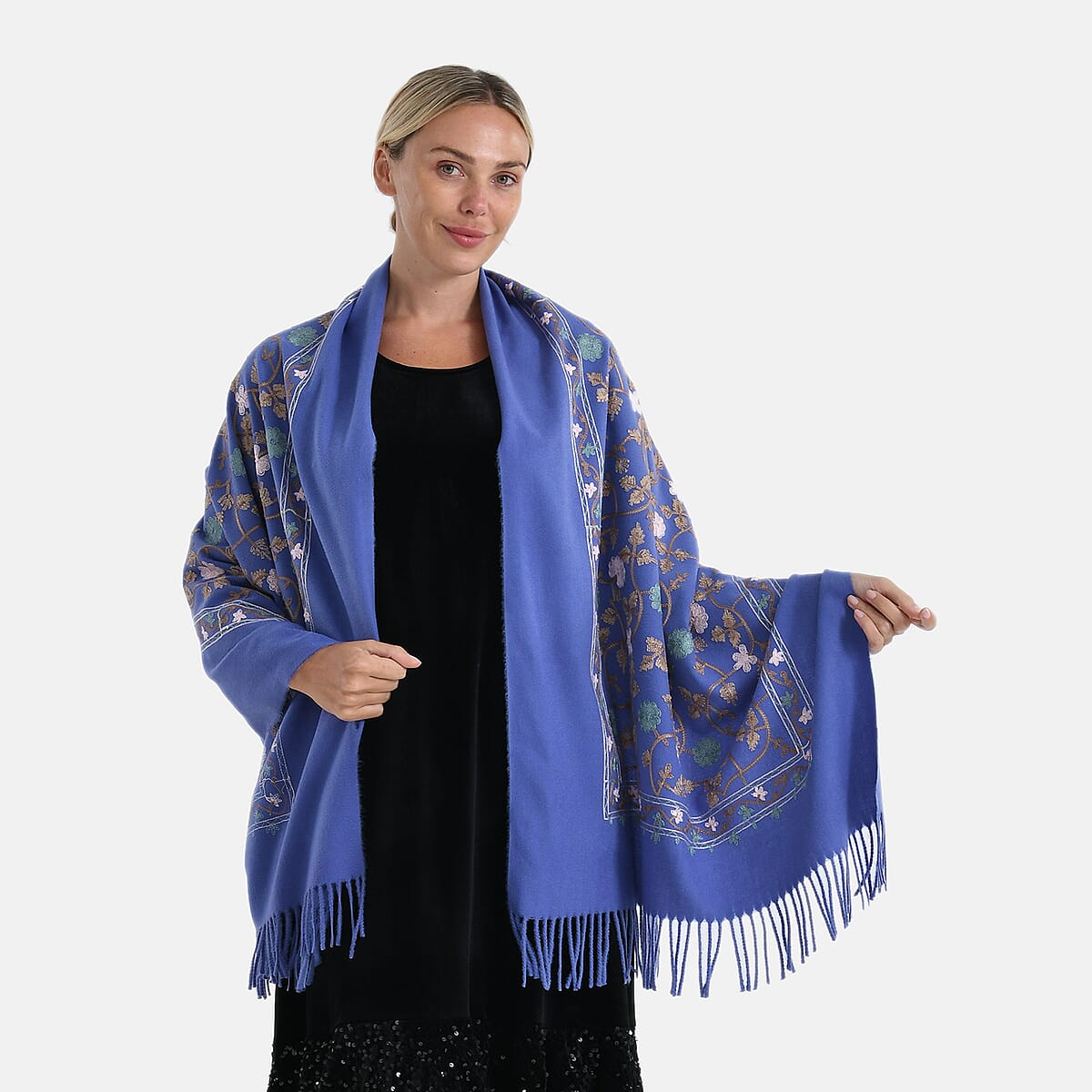 TAMSY Light Blue Vine Soft Woven Embroidered Scarf with Tassels &ndash; One Size image number 2