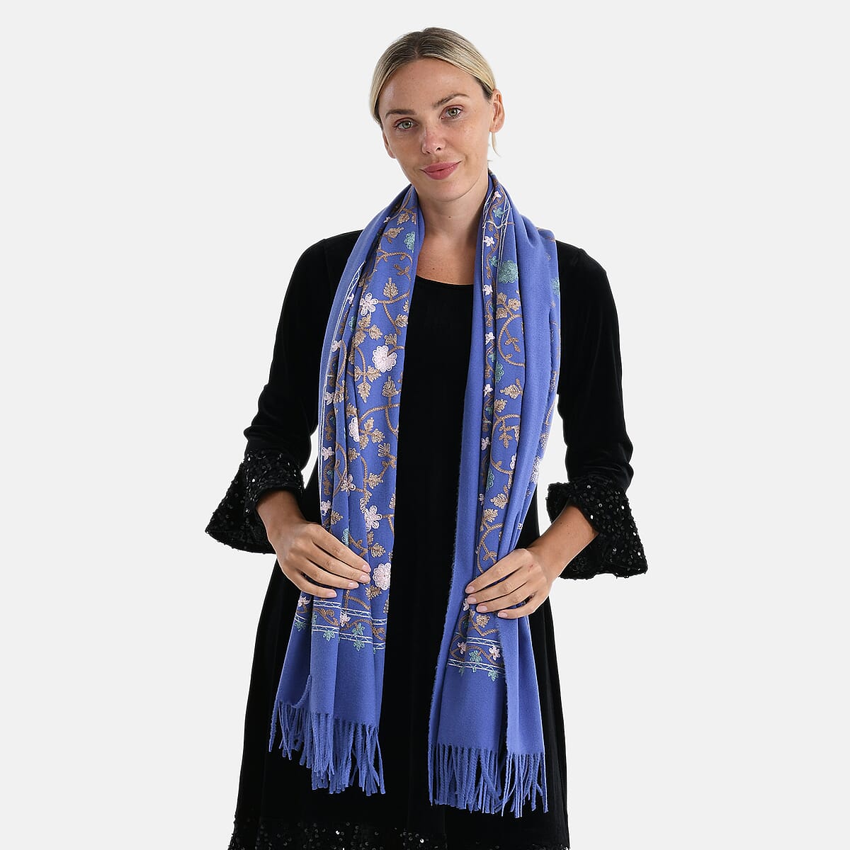 TAMSY Light Blue Vine Soft Woven Embroidered Scarf with Tassels &ndash; One Size image number 3