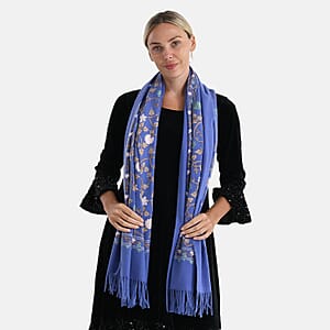 TAMSY Light Blue Vine Soft Woven Embroidered Scarf with Tassels &ndash; One Size