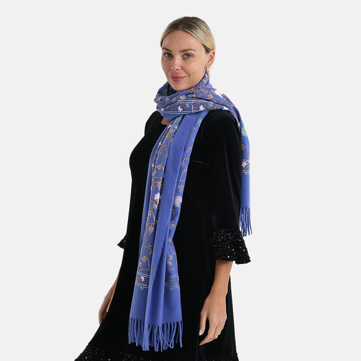 TAMSY Light Blue Vine Soft Woven Embroidered Scarf with Tassels &ndash; One Size image number 4