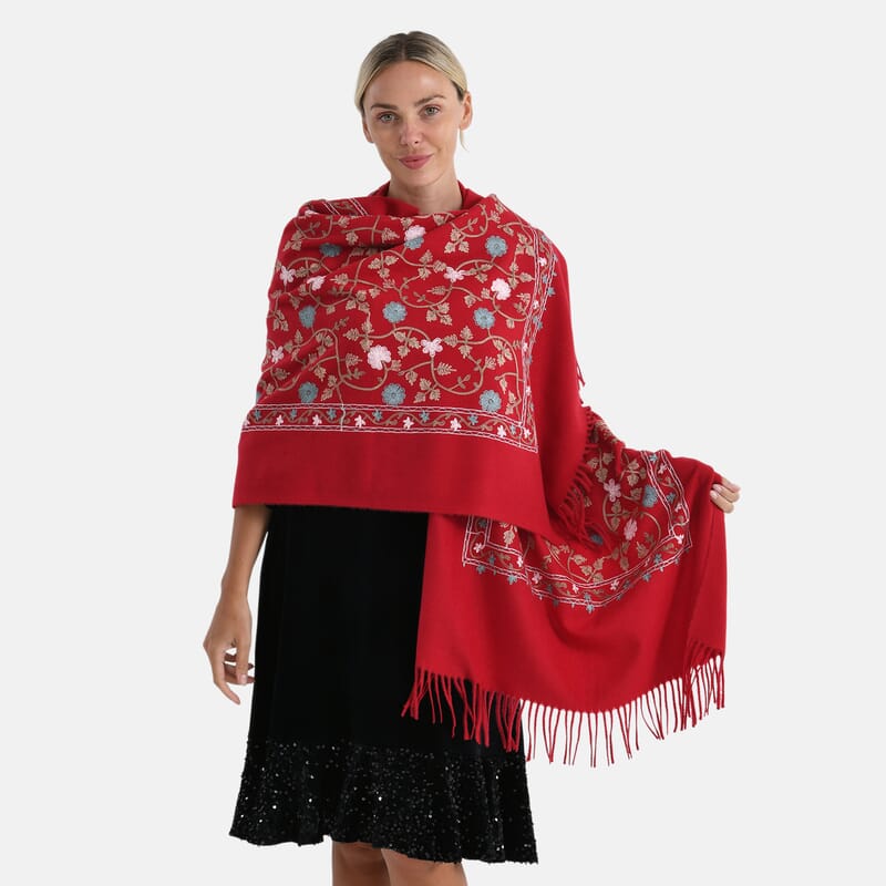 TAMSY Red Vine Soft Woven Embroidered Scarf with Tassels – One Size