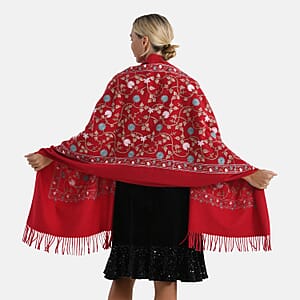 TAMSY Red Vine Soft Woven Embroidered Scarf with Tassels &ndash; One Size