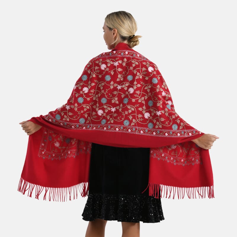 TAMSY Red Vine Soft Woven Embroidered Scarf with Tassels – One Size