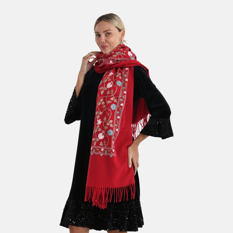 TAMSY Red Vine Soft Woven Embroidered Scarf with Tassels – One Size