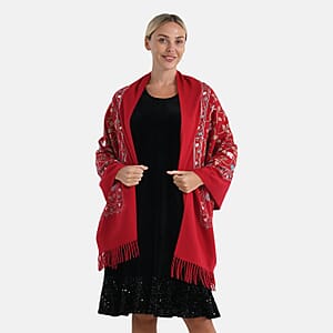TAMSY Red Vine Soft Woven Embroidered Scarf with Tassels &ndash; One Size