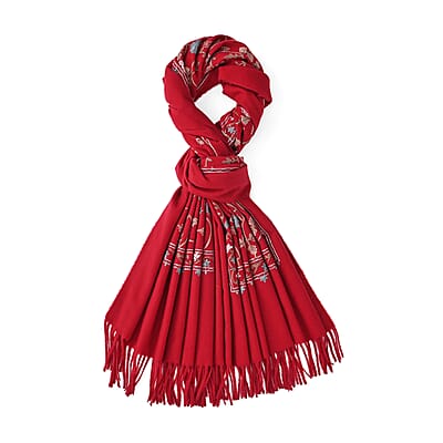 TAMSY Red Vine Soft Woven Embroidered Scarf with Tassels – One Size