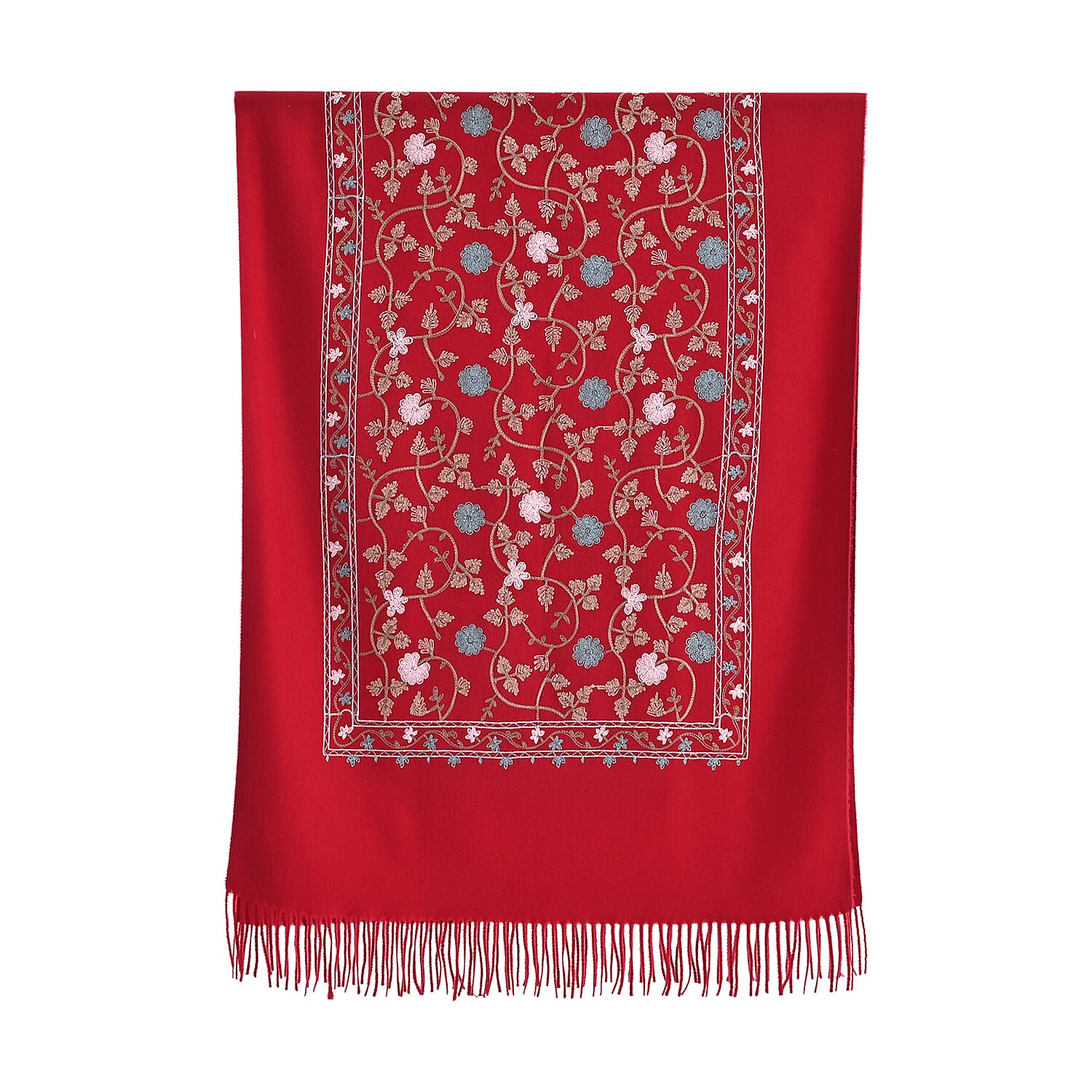 TAMSY Red Vine Soft Woven Embroidered Scarf with Tassels – One Size