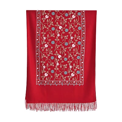 TAMSY Red Vine Soft Woven Embroidered Scarf with Tassels – One Size