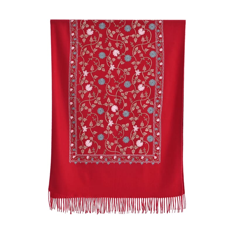 TAMSY Red Vine Soft Woven Embroidered Scarf with Tassels – One Size