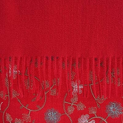 TAMSY Red Vine Soft Woven Embroidered Scarf with Tassels – One Size