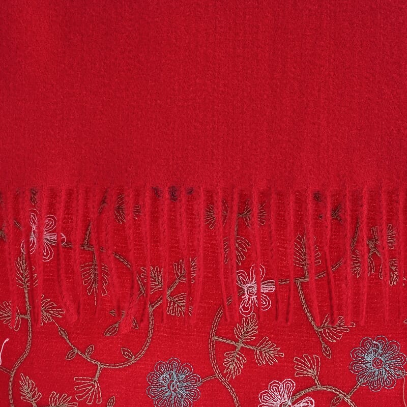 TAMSY Red Vine Soft Woven Embroidered Scarf with Tassels – One Size
