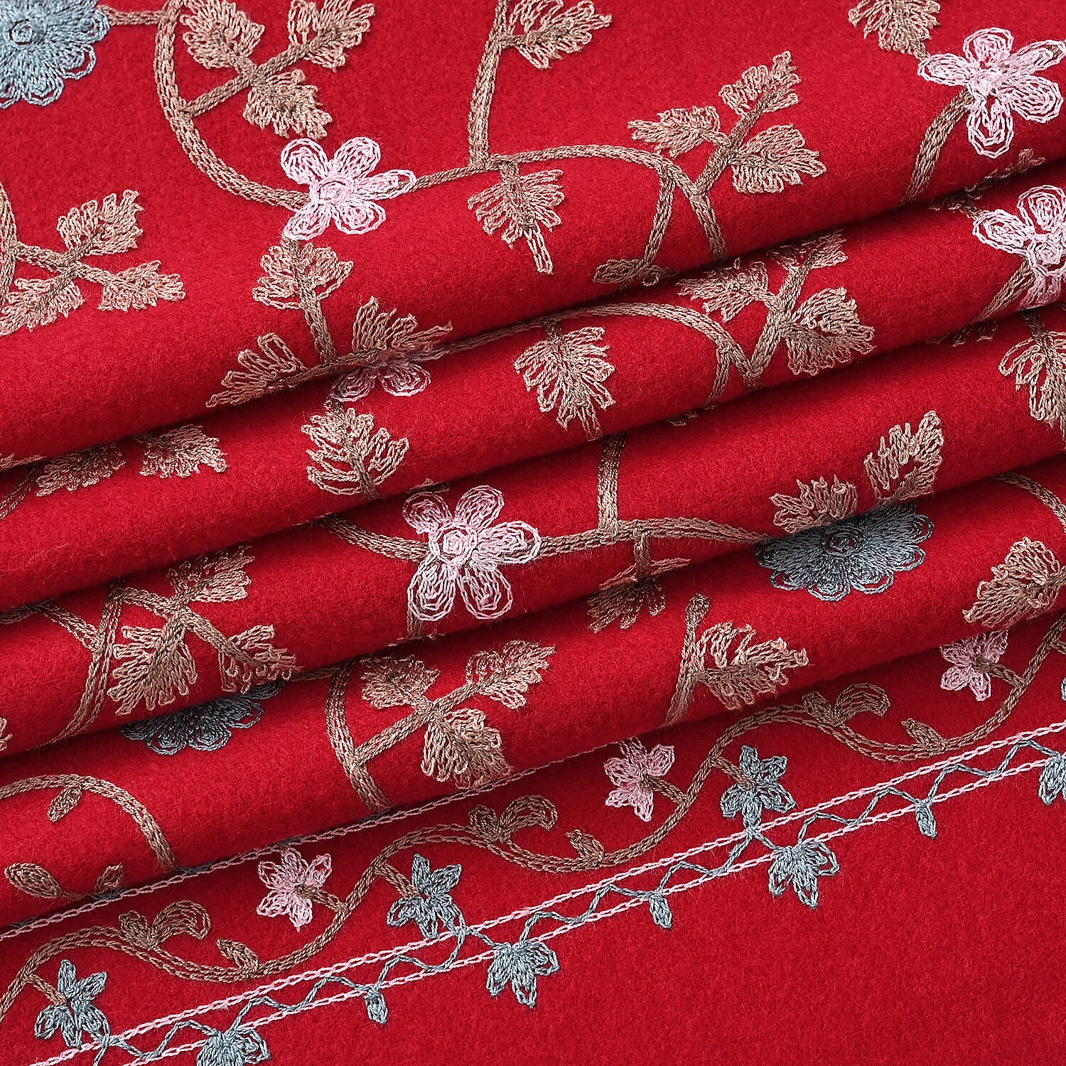 TAMSY Red Vine Soft Woven Embroidered Scarf with Tassels – One Size
