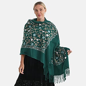 TAMSY Green Vine Soft Woven Embroidered Scarf with Tassels – One Size