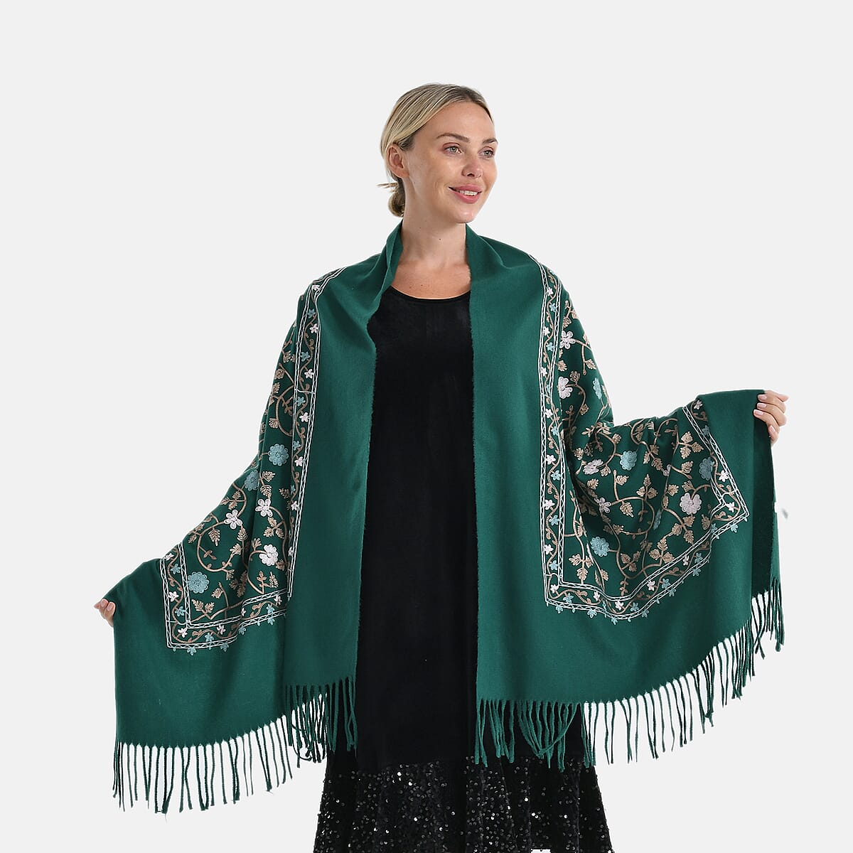 TAMSY Green Vine Soft Woven Embroidered Scarf with Tassels – One Size image number 2