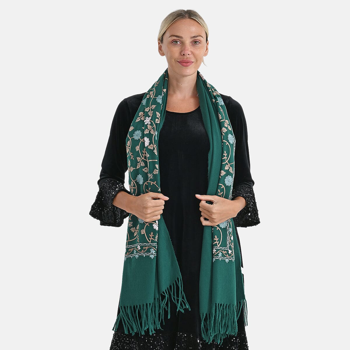 TAMSY Green Vine Soft Woven Embroidered Scarf with Tassels – One Size image number 3