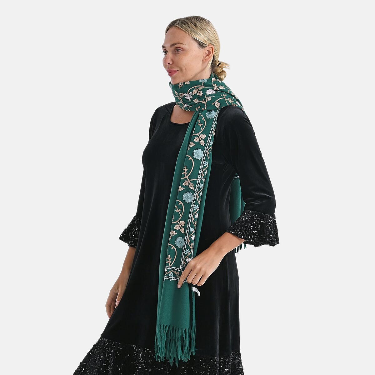 TAMSY Green Vine Soft Woven Embroidered Scarf with Tassels – One Size image number 4