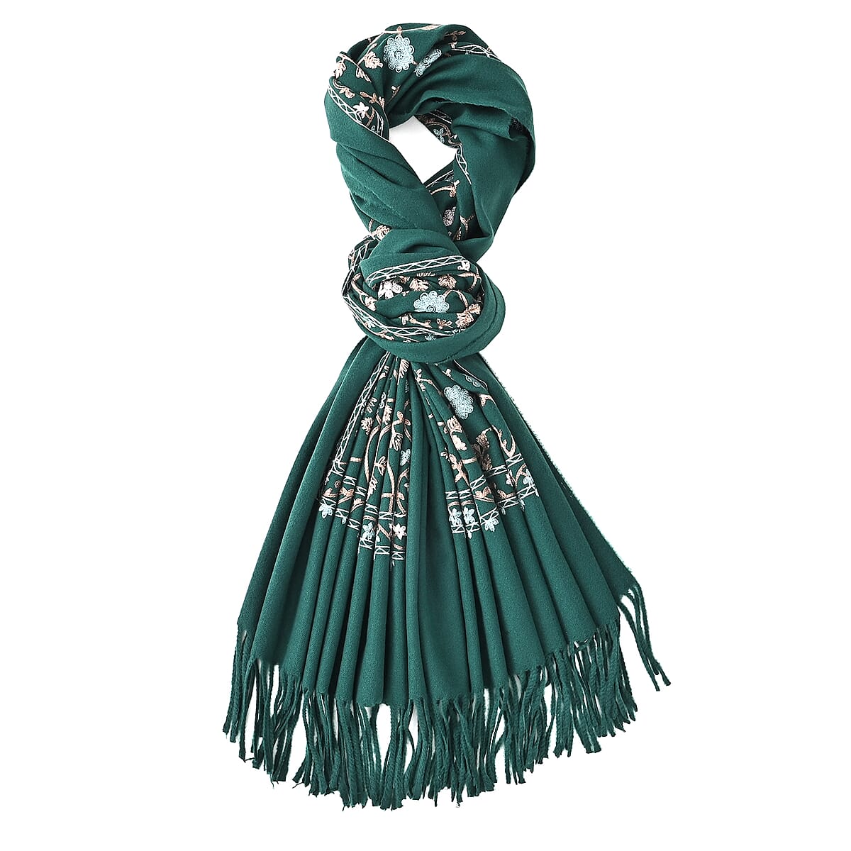 TAMSY Green Vine Soft Woven Embroidered Scarf with Tassels – One Size image number 5