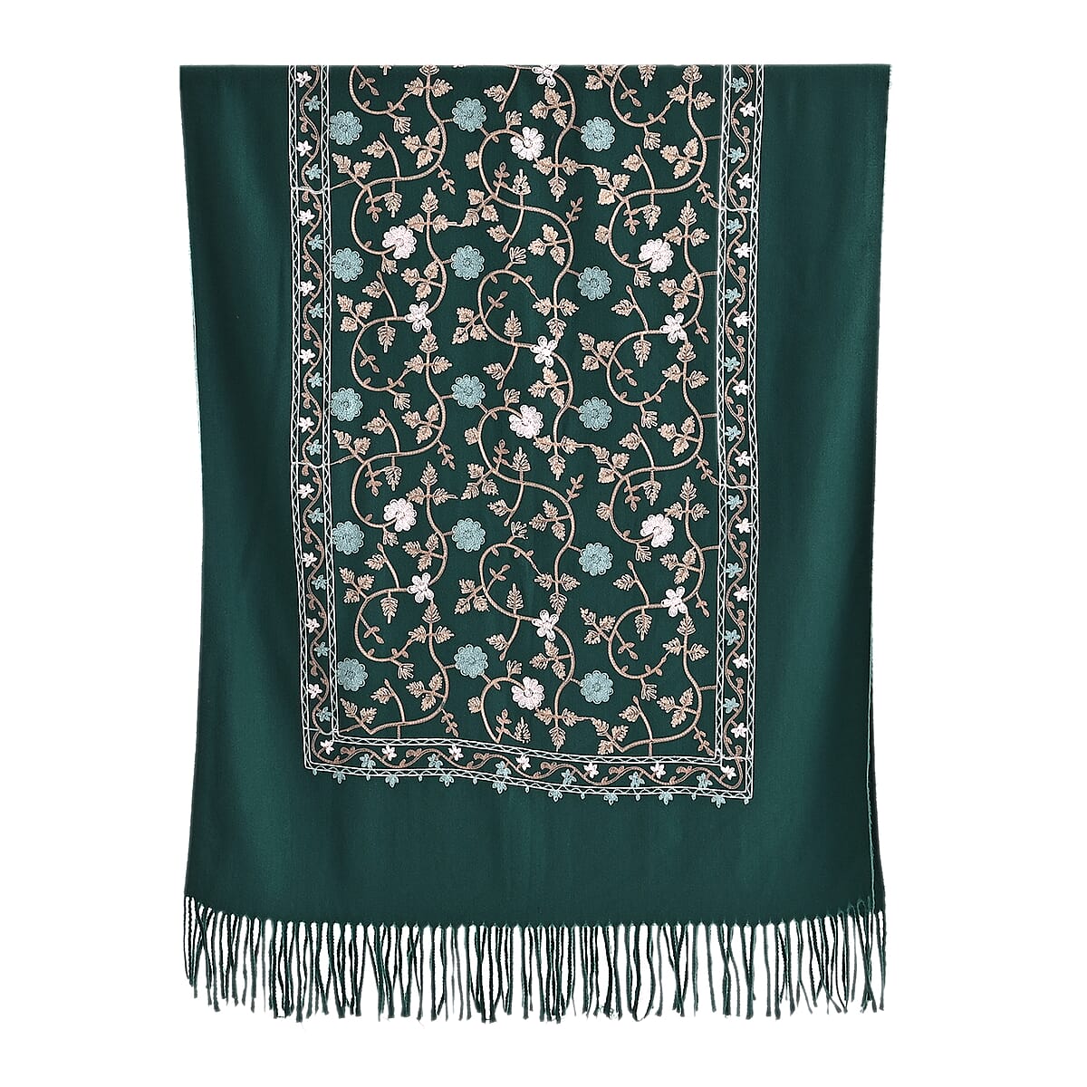 TAMSY Green Vine Soft Woven Embroidered Scarf with Tassels – One Size image number 6