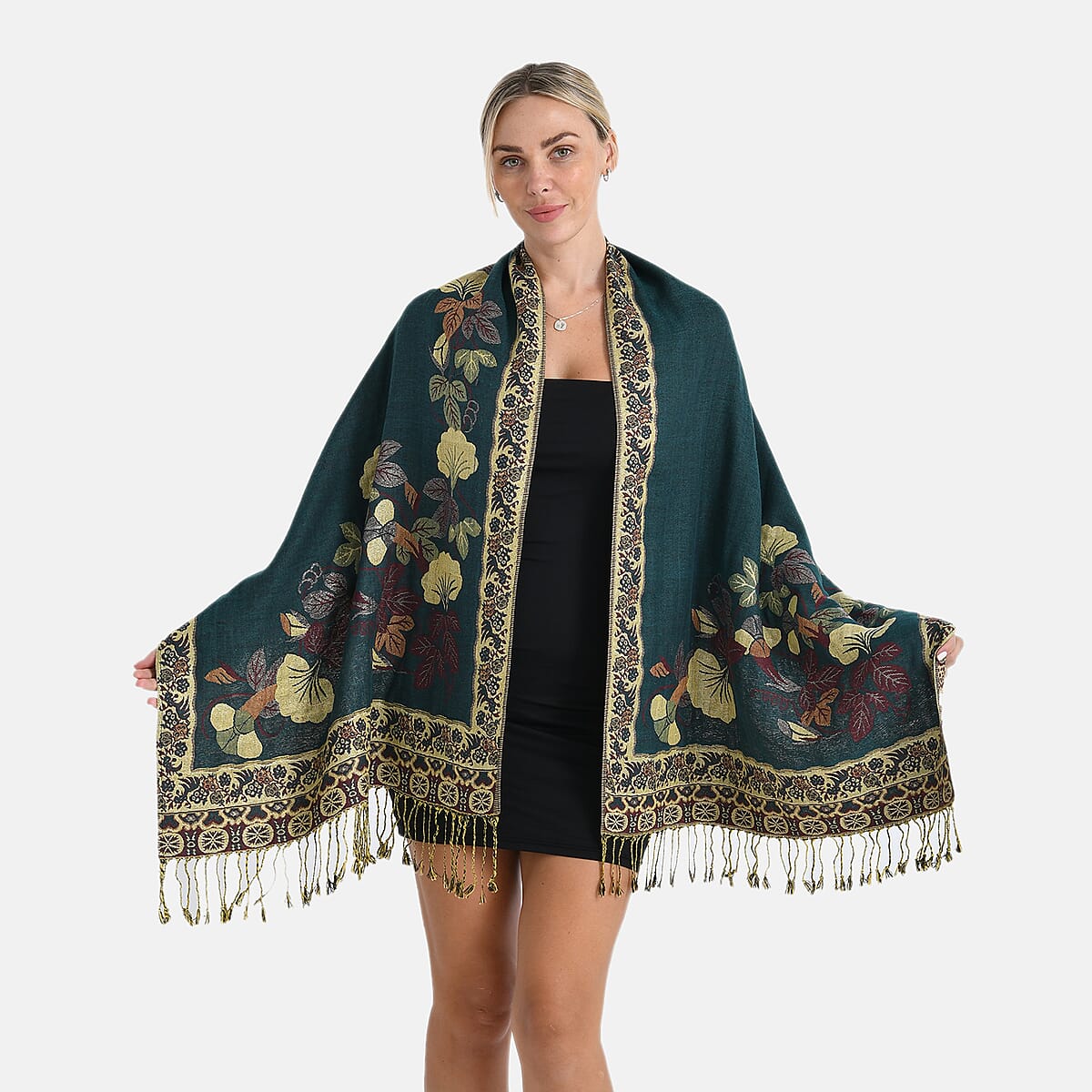 TAMSY Green Floral Jacquard Scarf with Tassels – One Size Fits Most image number 0
