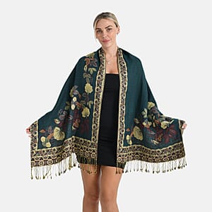 TAMSY Green Floral Jacquard Scarf with Tassels – One Size Fits Most