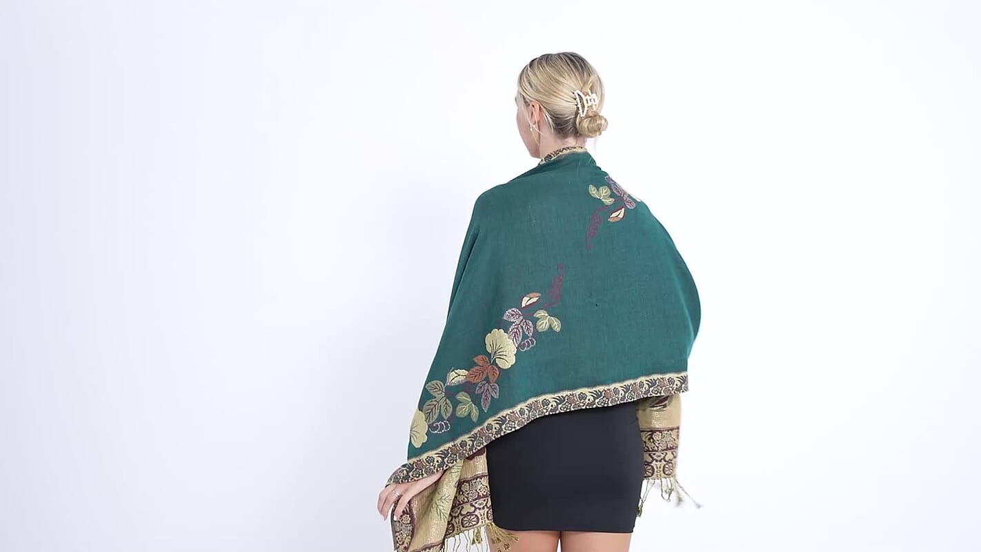 TAMSY Green Floral Jacquard Scarf with Tassels – One Size Fits Most (27.5"x71")