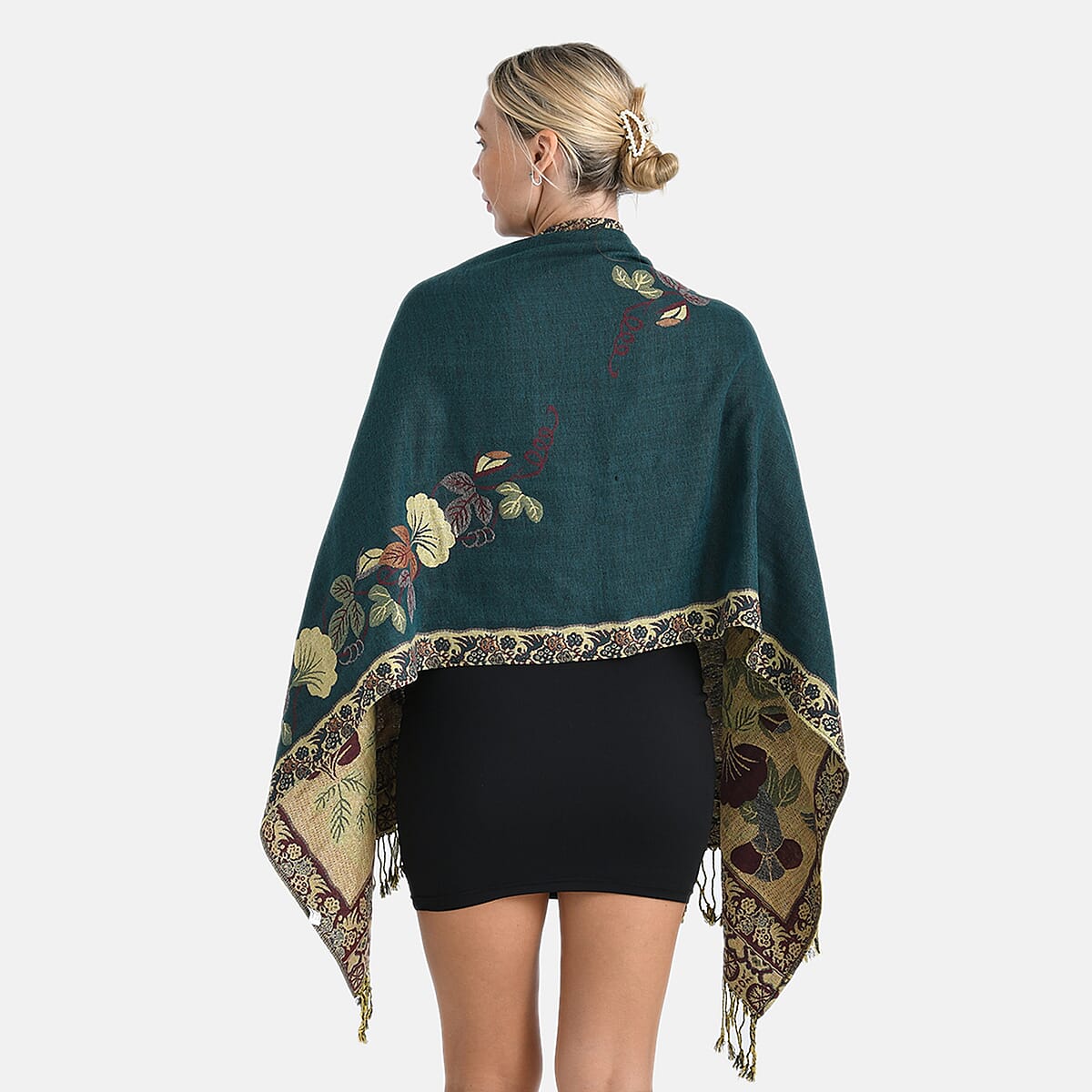 TAMSY Green Floral Jacquard Scarf with Tassels – One Size Fits Most image number 1