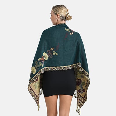 TAMSY Green Floral Jacquard Scarf with Tassels – One Size Fits Most