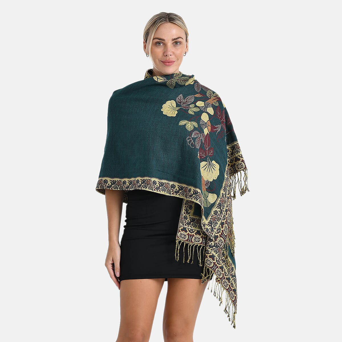 TAMSY Green Floral Jacquard Scarf with Tassels – One Size Fits Most image number 3