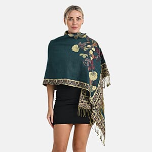 TAMSY Green Floral Jacquard Scarf with Tassels &ndash; One Size Fits Most