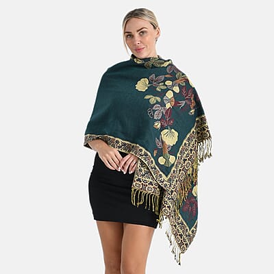 TAMSY Green Floral Jacquard Scarf with Tassels – One Size Fits Most