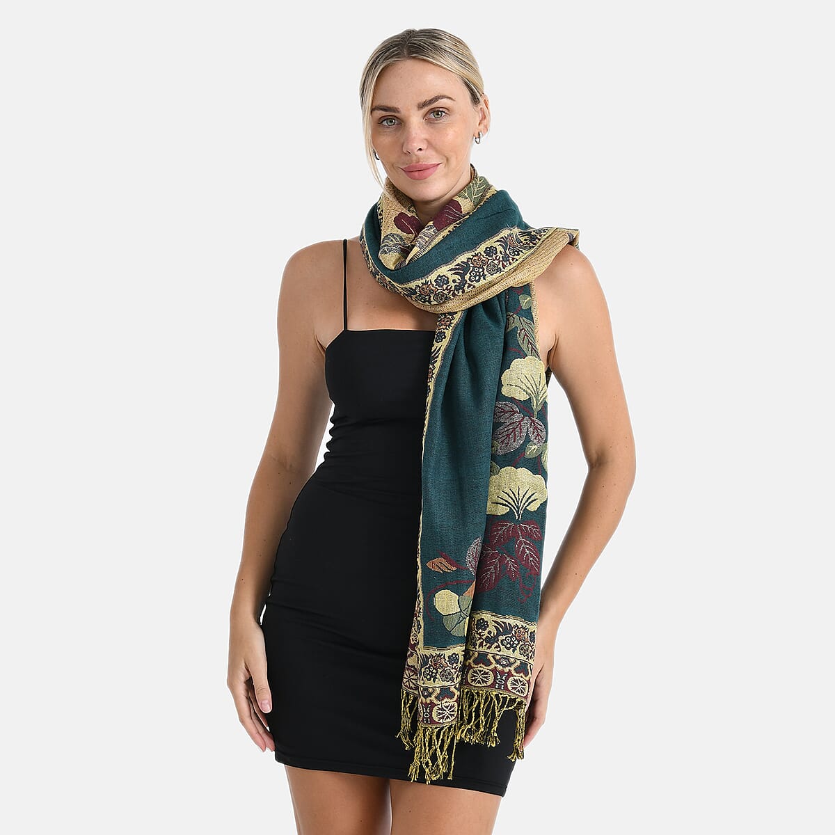 TAMSY Green Floral Jacquard Scarf with Tassels – One Size Fits Most image number 5
