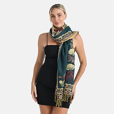 TAMSY Green Floral Jacquard Scarf with Tassels – One Size Fits Most