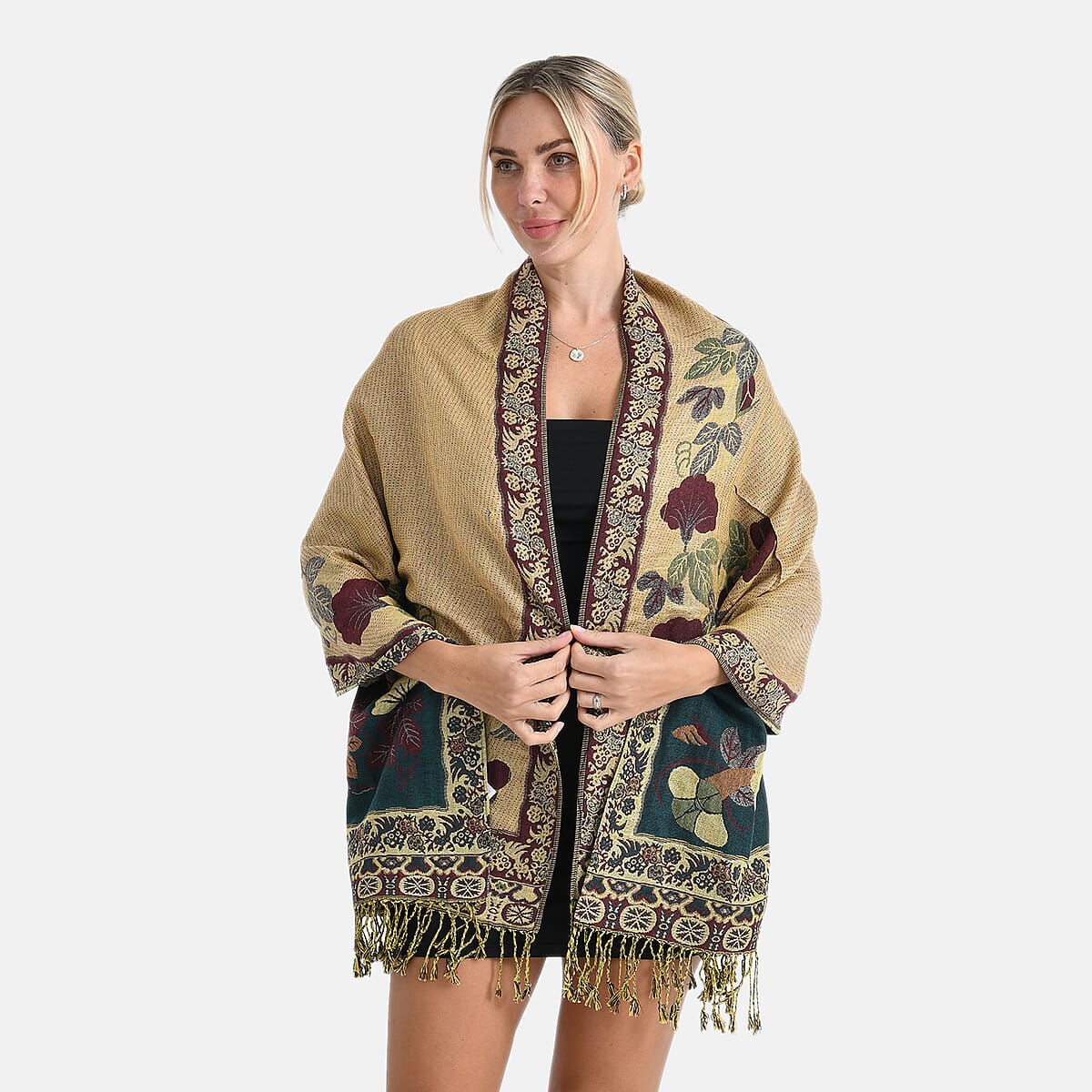 TAMSY Green Floral Jacquard Scarf with Tassels – One Size Fits Most image number 6