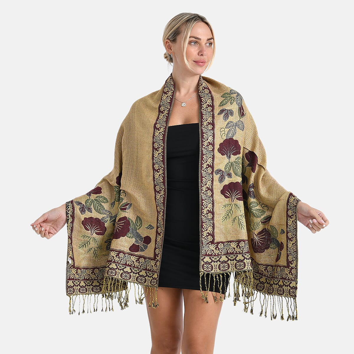 TAMSY Green Floral Jacquard Scarf with Tassels – One Size Fits Most image number 7