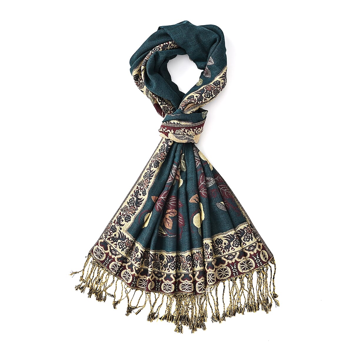 TAMSY Green Floral Jacquard Scarf with Tassels – One Size Fits Most image number 8