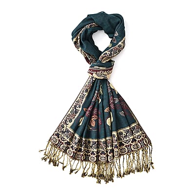 TAMSY Green Floral Jacquard Scarf with Tassels – One Size Fits Most