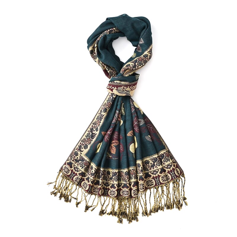 TAMSY Green Floral Jacquard Scarf with Tassels – One Size Fits Most