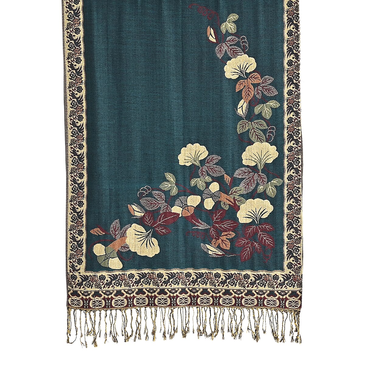 TAMSY Green Floral Jacquard Scarf with Tassels – One Size Fits Most image number 9
