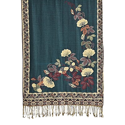 TAMSY Green Floral Jacquard Scarf with Tassels – One Size Fits Most