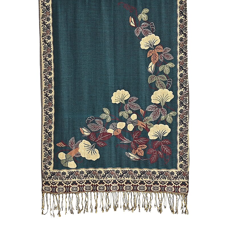 TAMSY Green Floral Jacquard Scarf with Tassels – One Size Fits Most