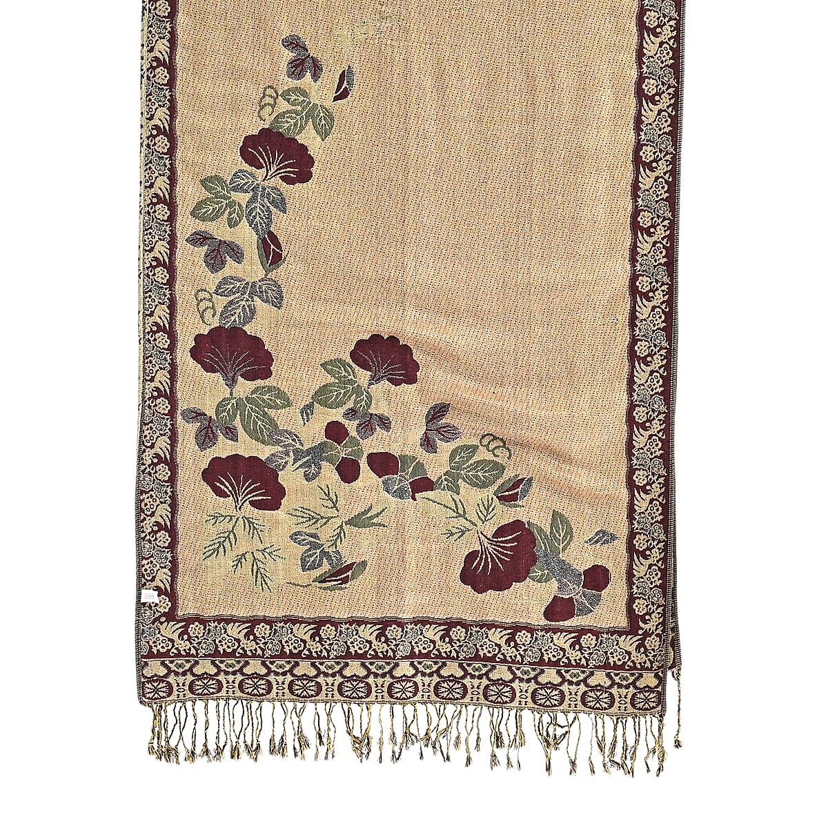 TAMSY Green Floral Jacquard Scarf with Tassels – One Size Fits Most image number 10